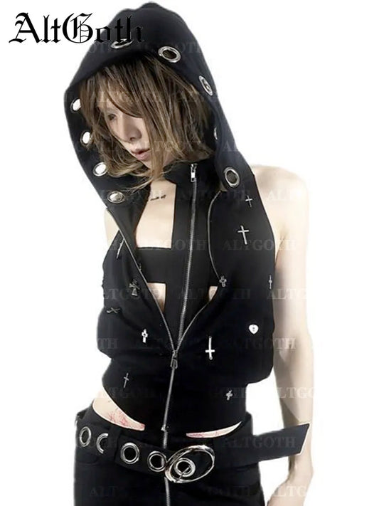 Dark Gothic/Cyberpunk Hooded Crop Tank Top