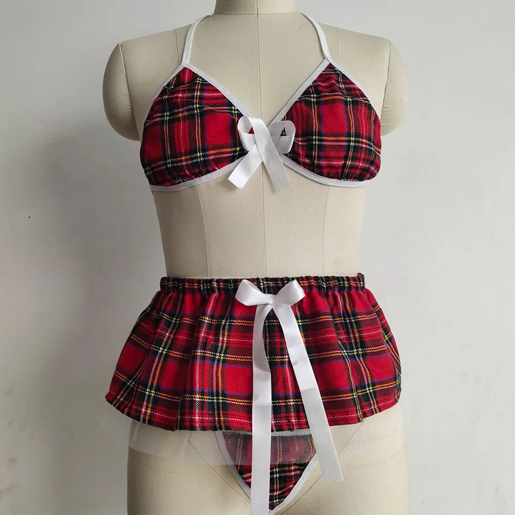 Red Plaid School Girl Cosplay Set