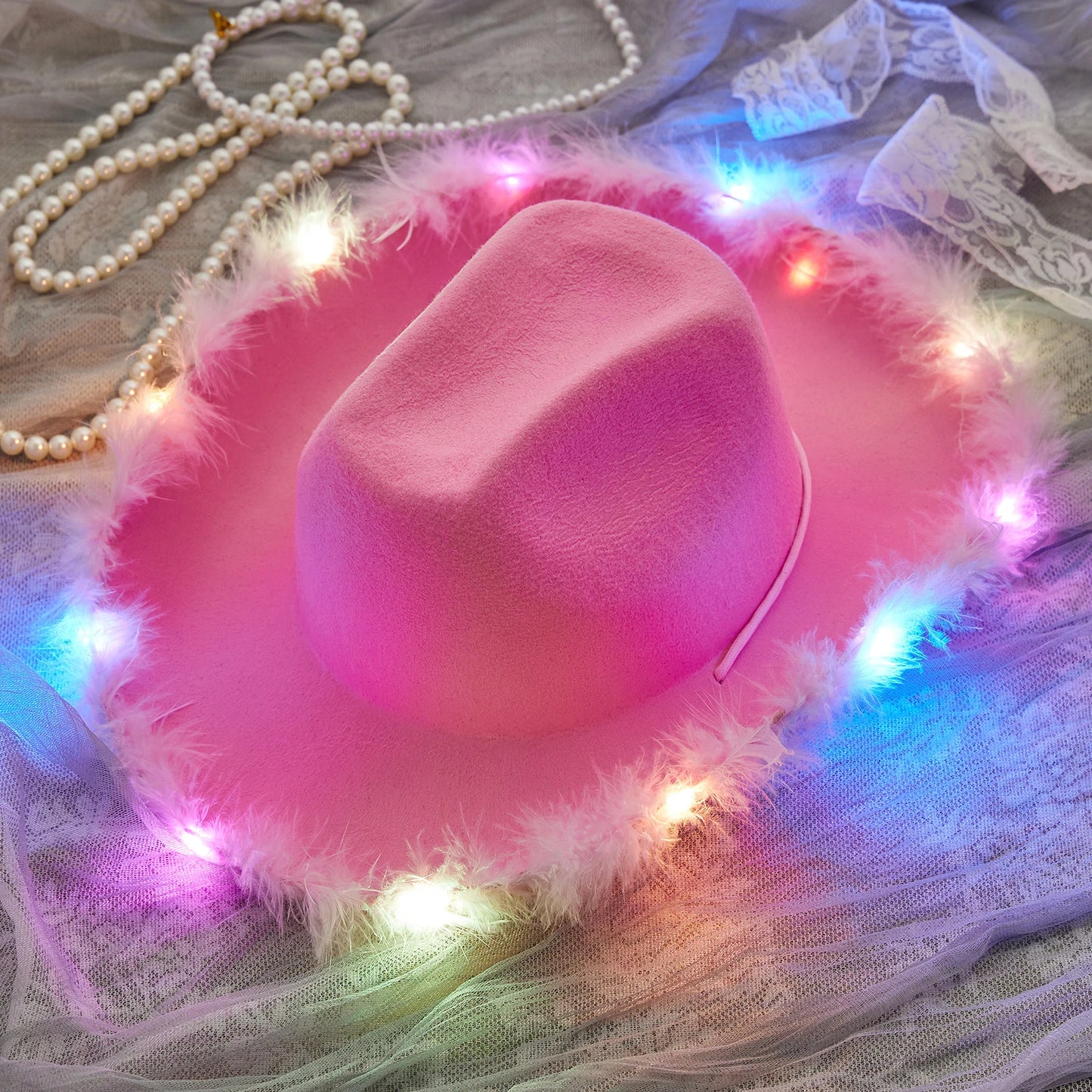 Feather Trim Cowboy Hats with Colorful LED Light