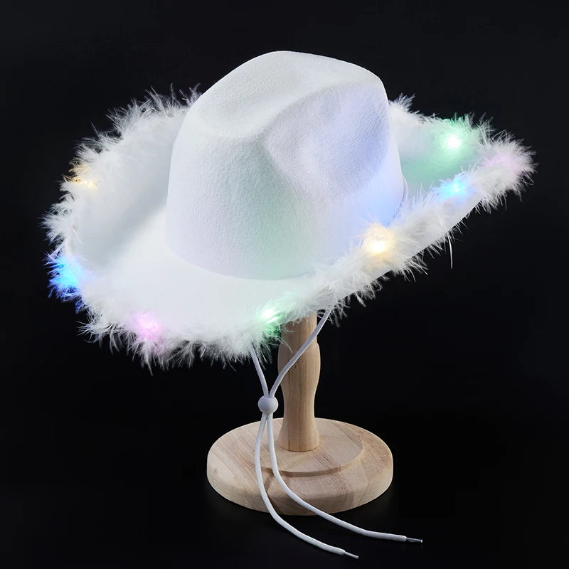 Feather Trim Cowboy Hats with Colorful LED Light