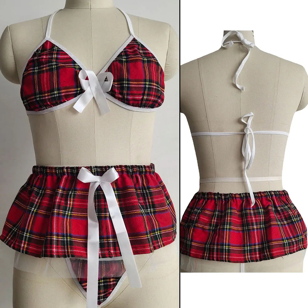 Red Plaid School Girl Cosplay Set