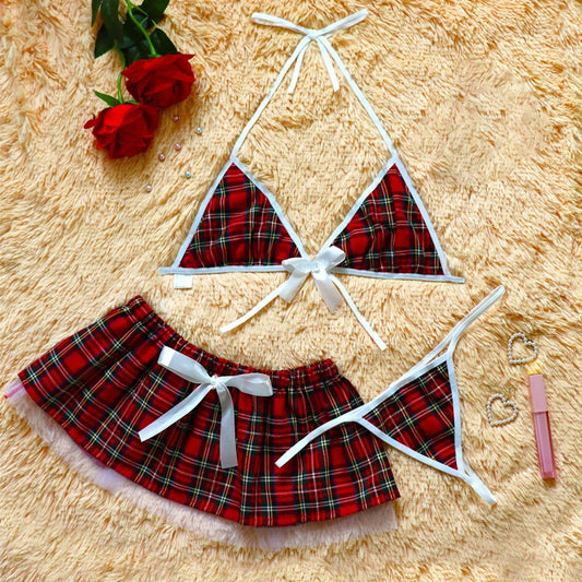 Red Plaid School Girl Cosplay Set