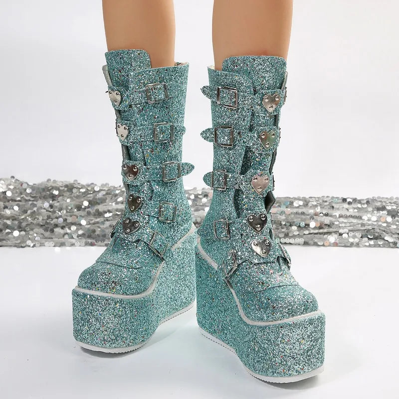 Sparkley Punk Motorcycles Platform Wedges